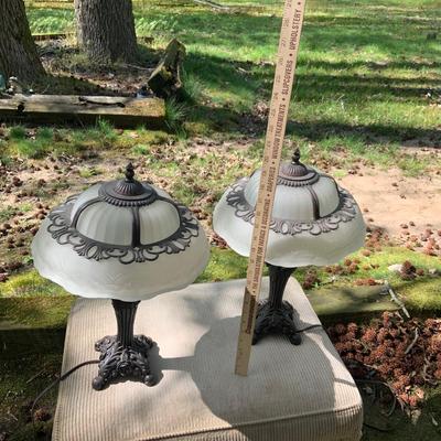 LOT 75: Set of 2 Art Nouveau Tiffany Style Reproduction Table Lamps with Frosted Glass Shades and Bronze Finish