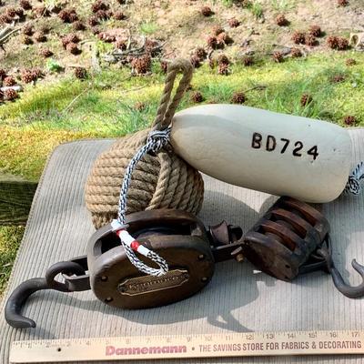 LOT 76: Nautical Collection Including Vintage/Antique Pulleys, a Buoy and Knotted Rope