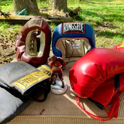 LOT 79: Vintage Boxing Gloves and Head Gear and a Metal Boxer