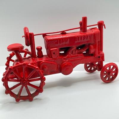 LOT 92: Vintage Red John Deere Cast Iron Tractor