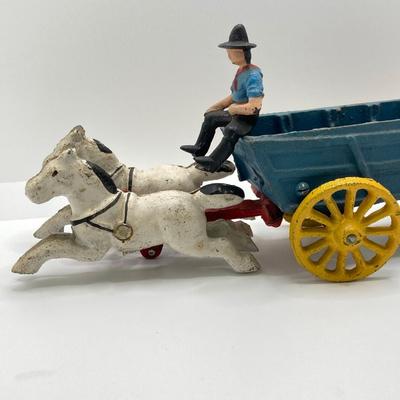 LOT 93: Vintage Cast Iron White Horse Drawn Wagon Taiwan