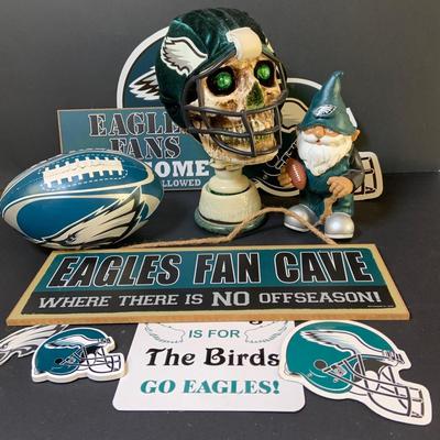 LOT 122: Die Heart Eagles Fan Collection Featuring a Custom Hand Crafted Eagles Skull and Other Eagles Plaques Magnets and More