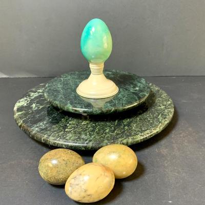 LOT 124: Green Marble Lazy Susan and Footed Cheese Tray and Marble Eggs