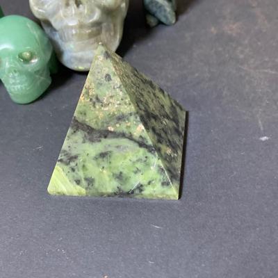 LOT 125: Polished Quartz Skulls. Pyramid and More