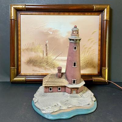 LOT 126: Lighthouse Nightlight and Beautifully Framed Signed Beach Sea Wall Art