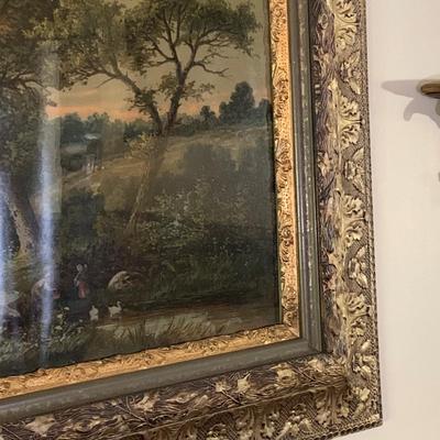 LOT 130: Ornately Framed Antique/Vintage Farm Scene Wall art with 2 Sconce Shelfs