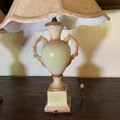 LOT 132: Vintage Porcelian Lamp and Wooden Mirrored Shelf