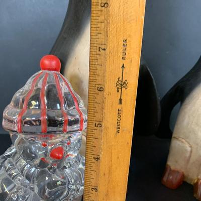 LOT 139: Carved Wooden Penguins, Party Lite Votive Candle Holder, Crystal Hershey Kiss & Glass Snowman