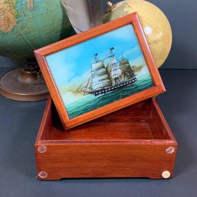 LOT 145: Old World Collection: Vintage Globe, Nautical Trinket Box, Vintage Ink Bottle w/Quill, Brass Rolling Day/Date Desk Calendar &...