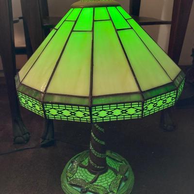 LOT 174: Dragonfly Stained Glass Painted Spectrum Lamp with Green Bulb