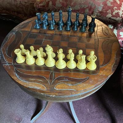 LOT 175: Antique Carved Wood Armchair, Vintage Round Chess Table and McGraw Wooden Box with Drueke Chess Set