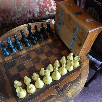 LOT 175: Antique Carved Wood Armchair, Vintage Round Chess Table and McGraw Wooden Box with Drueke Chess Set