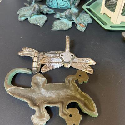 LOT 206: Outdoor Decor and More with a Bird Feeder, Cast Iron Frog Candle Sticks, Cast Iron Turtle Hinged Box and More