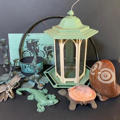 LOT 206: Outdoor Decor and More with a Bird Feeder, Cast Iron Frog Candle Sticks, Cast Iron Turtle Hinged Box and More