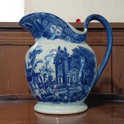 LOT 223: Victoria Ware Ironstone Flow Blue Pitcher & Basin Bowl along with a Vintage Wash Stand/Side Table