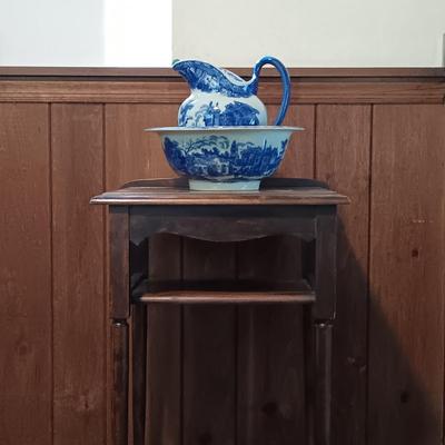 LOT 223: Victoria Ware Ironstone Flow Blue Pitcher & Basin Bowl along with a Vintage Wash Stand/Side Table