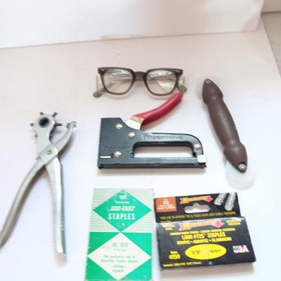 Home repair tools - screen tool - Leather punch and stapler with staples and safety glasses