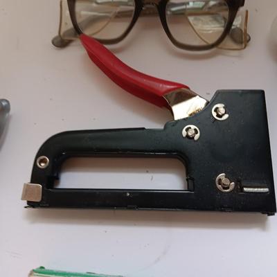 Home repair tools - screen tool - Leather punch and stapler with staples and safety glasses