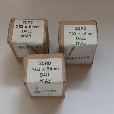 3 boxes of 7,62 x 51 mm Ball M1A3 Ammunition 60 rounds total - sealed boxes