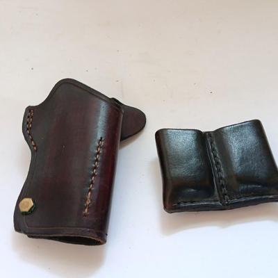 Leather pistol holster with leather magazine pouch