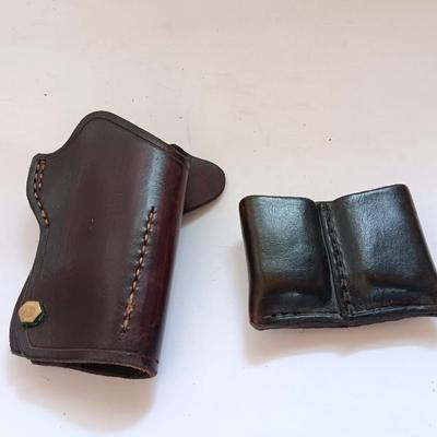 Leather pistol holster with leather magazine pouch