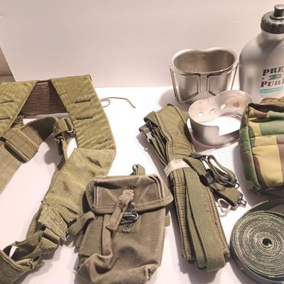 Large assortment of Military canvas bags and canteen with shoulder straps