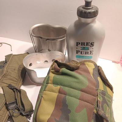 Large assortment of Military canvas bags and canteen with shoulder straps