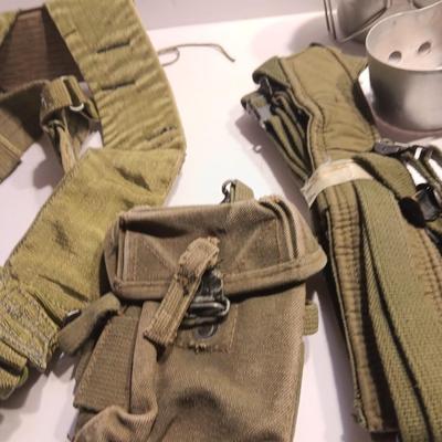 Large assortment of Military canvas bags and canteen with shoulder straps