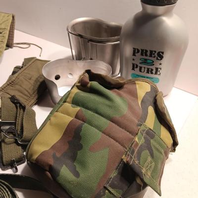 Large assortment of Military canvas bags and canteen with shoulder straps