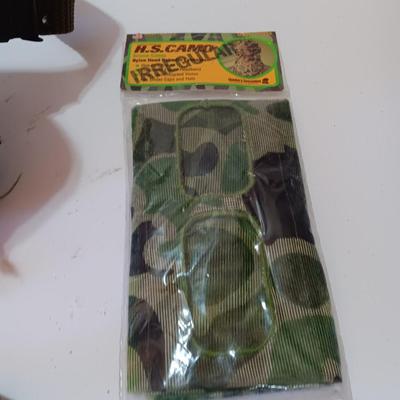 US Military canvass bags, a canteen, belt, camo face paint - face net and more