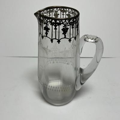 Antique Silver Overlay Early Etched Leaded Glass Pitcher 9-3/4