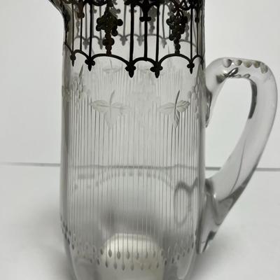 Antique Silver Overlay Early Etched Leaded Glass Pitcher 9-3/4