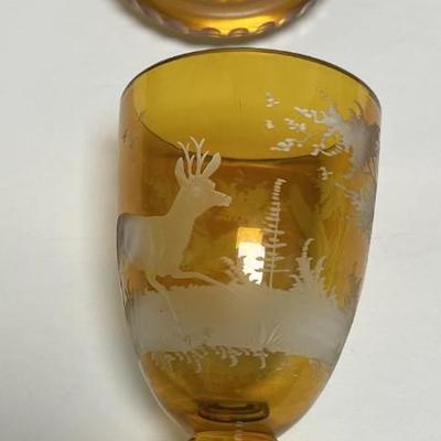 Antique Moser/Bohemian Style Art Glass Amber & Clear-Cut Covered Vase 9-3/4