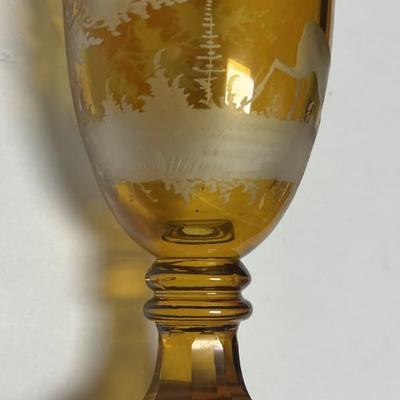 Antique Moser/Bohemian Style Art Glass Amber & Clear-Cut Covered Vase 9-3/4" Tall in VG Preowned Condition.