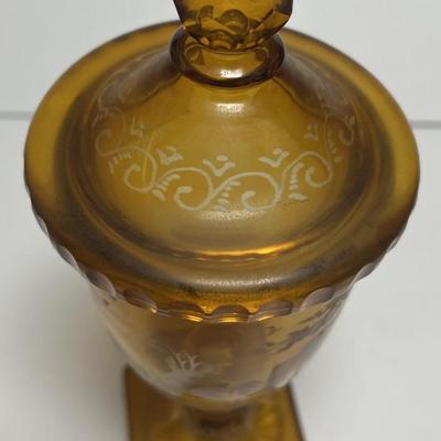 Antique Moser/Bohemian Style Art Glass Amber & Clear-Cut Covered Vase 9-3/4