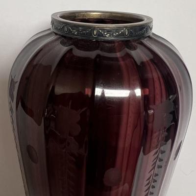 Antique Silver Overlay Rim Amethyst Etched Art Glass Vase 9" Tall in VG Preowned Condition.
