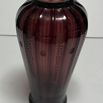 Antique Silver Overlay Rim Amethyst Etched Art Glass Vase 9" Tall in VG Preowned Condition.