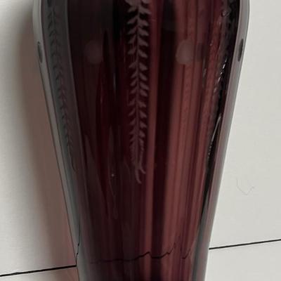 Antique Silver Overlay Rim Amethyst Etched Art Glass Vase 9" Tall in VG Preowned Condition.