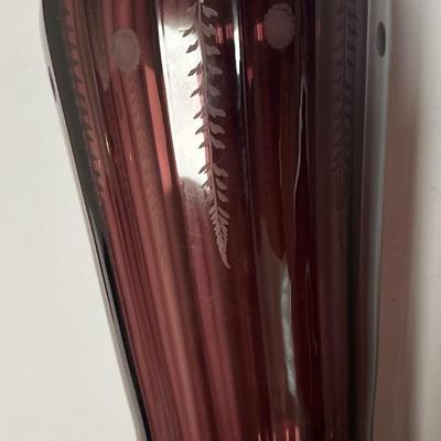 Antique Silver Overlay Rim Amethyst Etched Art Glass Vase 9" Tall in VG Preowned Condition.