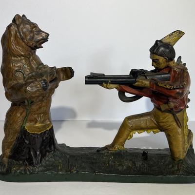 Antique J. & E. Stevens Cast Iron "Indian Shooting Bear" Mechanical Bank in VG Preowned Condition & in Good Working...
