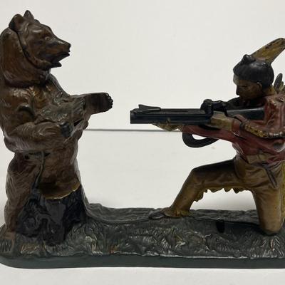 Antique J. & E. Stevens Cast Iron "Indian Shooting Bear" Mechanical Bank in VG Preowned Condition & in Good Working...