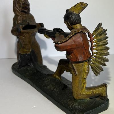 Antique J. & E. Stevens Cast Iron "Indian Shooting Bear" Mechanical Bank in VG Preowned Condition & in Good Working...