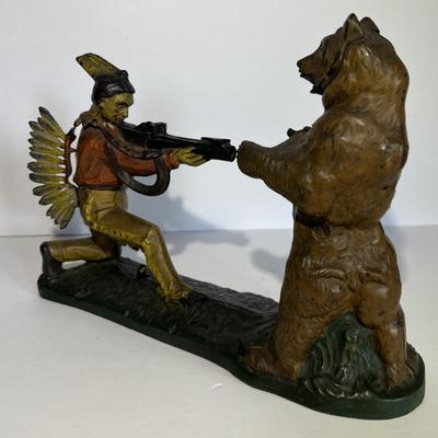 Antique J. & E. Stevens Cast Iron "Indian Shooting Bear" Mechanical Bank in VG Preowned Condition & in Good Working...