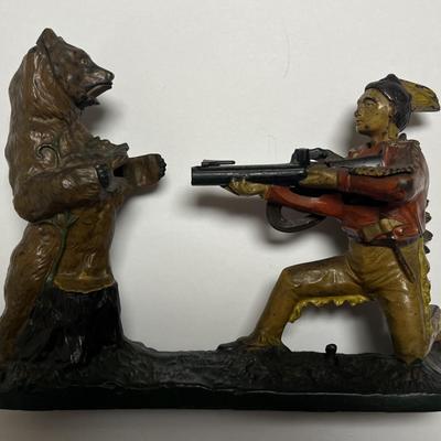 Antique J. & E. Stevens Cast Iron "Indian Shooting Bear" Mechanical Bank in VG Preowned Condition & in Good Working...