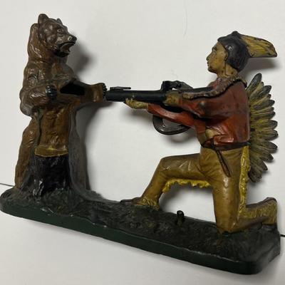 Antique J. & E. Stevens Cast Iron "Indian Shooting Bear" Mechanical Bank in VG Preowned Condition & in Good Working...