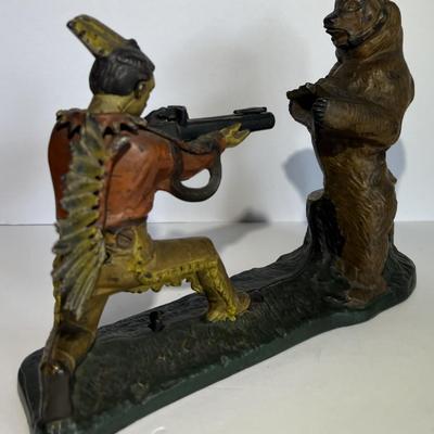 Antique J. & E. Stevens Cast Iron "Indian Shooting Bear" Mechanical Bank in VG Preowned Condition & in Good Working...