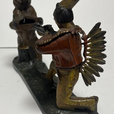 Antique J. & E. Stevens Cast Iron "Indian Shooting Bear" Mechanical Bank in VG Preowned Condition & in Good Working...