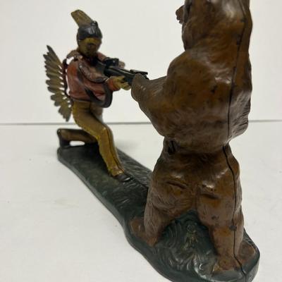 Antique J. & E. Stevens Cast Iron "Indian Shooting Bear" Mechanical Bank in VG Preowned Condition & in Good Working...