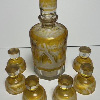 Antique Heavy Moser/Bohemian Style Art Glass Amber & Clear-Cut Decanter Set 10" Tall & 3" Glasses in VG Preowned...