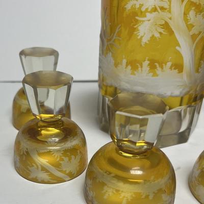 Antique Heavy Moser/Bohemian Style Art Glass Amber & Clear-Cut Decanter Set 10" Tall & 3" Glasses in VG Preowned...